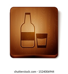 Brown Closed glass bottle with milk and glass icon isolated on white background. Wooden square button. Vector Illustration