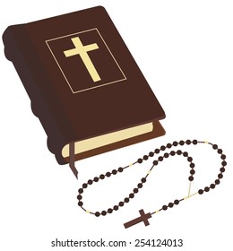 Brown closed Holy Bible and rosary beads with cross vector isolated