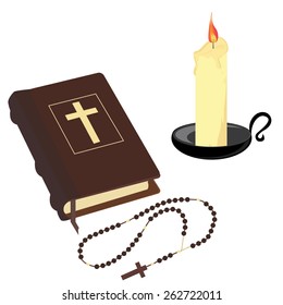 Brown closed Holy bible , rosary beads and wax candle with black holder vector icon set isolated