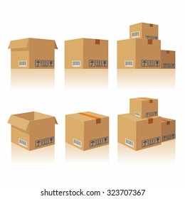 Brown closed and open carton delivery packaging box with fragile signs. Vector flat color illustration isolated on white background. 