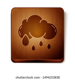 Brown Cloud with rain icon isolated on white background. Rain cloud precipitation with rain drops. Wooden square button. Vector Illustration