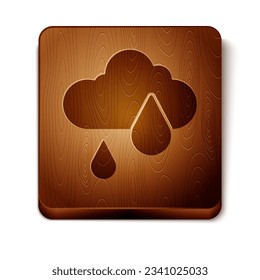 Nube marrón con icono de lluvia aislado en fondo blanco. Precipitación de nubes de lluvia con caídas de lluvia. Botón cuadrado de madera. Vector