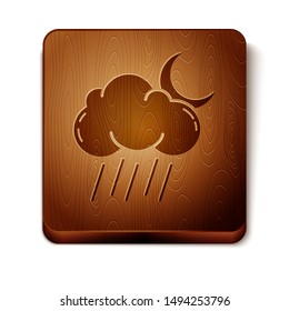 Brown Cloud with rain and moon icon isolated on white background. Rain cloud precipitation with rain drops. Wooden square button. Vector Illustration