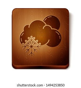 Brown Cloud with snow and sun icon isolated on white background. Cloud with snowflakes. Single weather icon. Snowing sign. Wooden square button. Vector Illustration