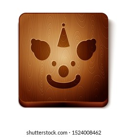 Brown Clown head icon isolated on white background. Wooden square button. Vector Illustration