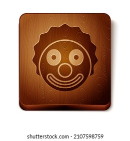 Brown Clown head icon isolated on white background. Wooden square button. Vector
