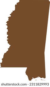 BROWN CMYK color detailed flat map of the federal state of MISSISSIPPI, UNITED STATES OF AMERICA on transparent background