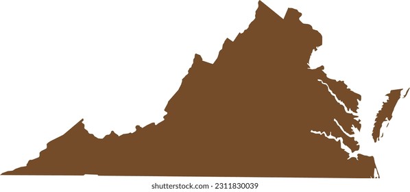 BROWN CMYK color detailed flat map of the federal state of VIRGINIA, UNITED STATES OF AMERICA on transparent background