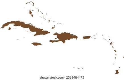 BROWN CMYK color detailed flat stencil map of the region of CARIBBEAN ISLANDS on transparent background