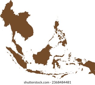 BROWN CMYK color detailed flat stencil map of the region of SOUTHEAST ASIA on transparent background