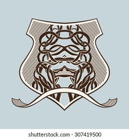 Brown coat of arms with interlacing, weaving and crown in vintage style on a gray background.