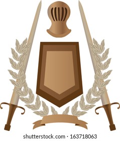 Brown coat of arms. shield with helmet and swords