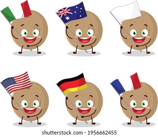 Brown coconut cartoon character bring the flags of various countries