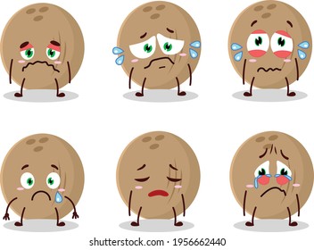 Brown coconut cartoon character with sad expression