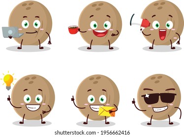 Brown coconut cartoon character with various types of business emoticons