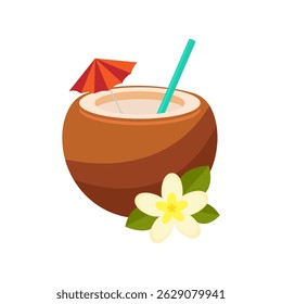 Brown coconut cocktail with straw, umbrella and tropical flower. Flat design. Vector illustration