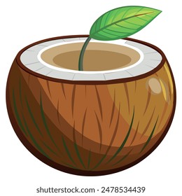 Brown coconut with green leaf and white interior. Vector illustration