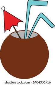 A brown coconut with two green straws and a cocktail umbrella, vector, color drawing or illustration. 