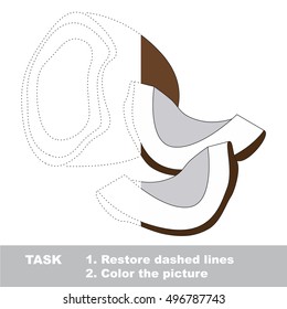 Brown Coconut in vector colorful to be traced. Restore dashed line and color the picture. Visual game for children. Worksheet to be colored.