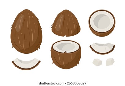 Cocos castanhos, parte e peça. Coco inteiro fresco, em pedaços. Ilustração de ícones de vetor isolada em fundo branco.