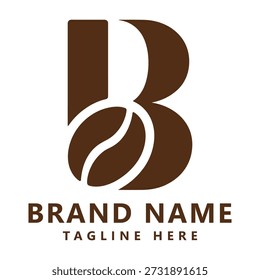 Brown coffee bean logo design with letter B and tagline space on white background icon