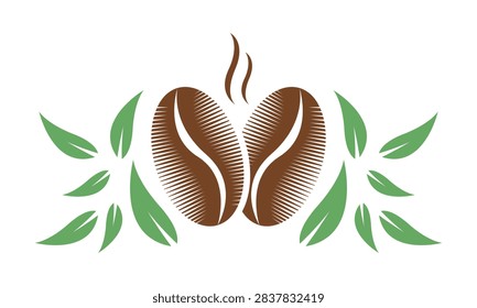 Brown Coffee Bean Vector Icon with Fine Linear Shading, Steam Wisps, and Flanking Green Leaf Branches