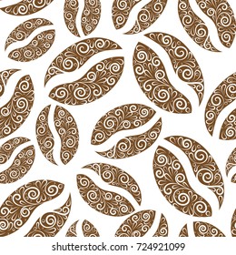 Brown coffee bean with white bacground, vector seamless repeat pattern, detailed illustration, great for fabric and textile, prints, invitation, packaging, greeting cards or any desired idea.