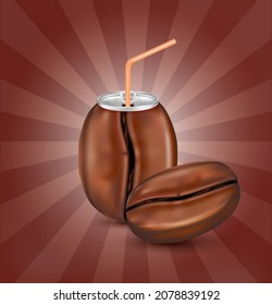 Brown coffee beans, Fresh coffee with lid aluminum can and drinking straw. Isolated on a brown background. Healthy fruit drink concept. Realistic 3D vector EPS10 illustration.