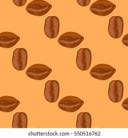 Brown coffee beans on warm orange background. Seamless pattern for prints, menu, design, cafe, restaurant, fabric, manufacturing, textile, patterns, wrapping paper, scrapbooking, clothes. 