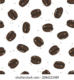 Granos de café marrones con fondo blanco. Patrón transparente del vector
