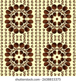 Brown coffee beans and paw prints create a seamless vector pattern for a warm cafe backdrop illustration