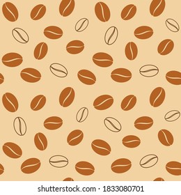 Brown coffee beans silhouettes and outline on a beige background. Vector seamless pattern for coffee house, coffee shop, cafe, restaurant, packaging, wrapper, wrapping paper, sales banner and print