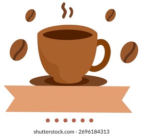 Taza de café marrón con el Anuncio que representa la bebida del café y la energía de la mañana