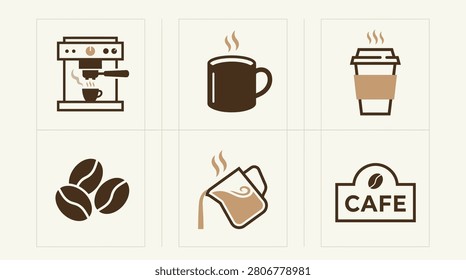 Brown coffee cup and beans icon set