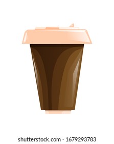 Café marrón con una gorra beige, bebida caliente. Ilustración vectorial en estilo caricatura aislada en blanco