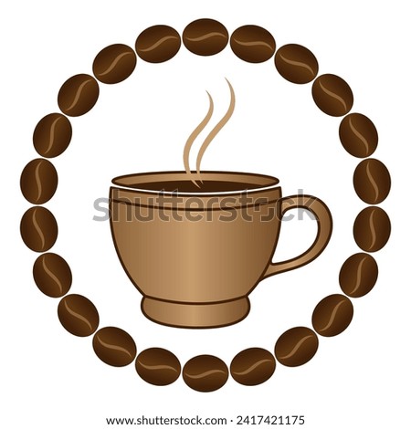 Brown coffee cup in a circle of coffee beans vector decorative sign emblem logo design element