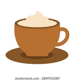 Brown coffee cup filled with whipped cream on a matching saucer, perfect for breakfast or snack time