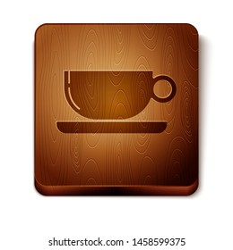 Brown Coffee cup flat icon isolated on white background. Tea cup. Hot drink coffee. Wooden square button. Vector Illustration