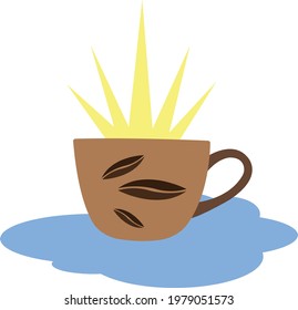 a brown coffee cup with grain patterns stands on a cloud behind it the bright yellow sun shines the concept of an invigorating drink and a vigorous morning