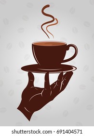 Brown Coffee Cup, Hand Holding Cup Concept Vector on coffee bean gray Background