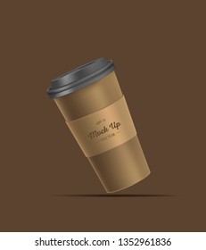 Brown coffee cup with  holder mockup on grey background. Mock up. Mock-up. Coffee away. Coffee to go. Vector branding illustration.