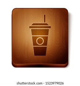 Brown Coffee cup icon isolated on white background. Disposable coffee cup with hot coffee. Wooden square button. Vector Illustration
