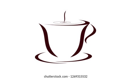 Brown coffee cup icon on the saucer. Coffee cup with haze. Graphics for the website, culinary blog, restaurant, bar, online store, advertisement or banner.