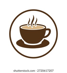 Brown Coffee Cup Icon mit dampfendem Aroma, Minimalist Hot Chocolate Becher Vektor in kreisförmigen Abzeichen für Cafe Branding