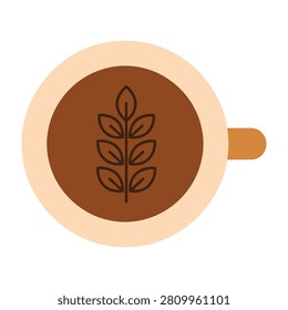 Brown coffee cup with leaf design on surface closeup, warm beverage, morning routine, coffee break