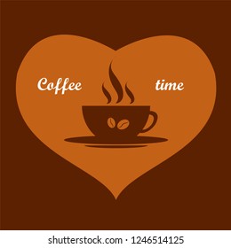 Brown coffee Cup logo with coffee beans in heart on dark brown background vector illustration