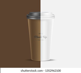 brown coffee cup mockup on brown and white  background. Mock up. Mock-up. Coffee away. Coffee to go. Vector branding illustration.