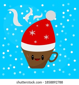 taza de café marrón en un sombrero festivo rojo con patrones de copos de nieve graciosos personajes de caricatura sobre un fondo de cielo azul y caída de la estación de frío de nieve y concepto de navidad