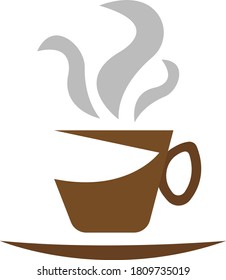 Brown coffee cup saucer and gray steam concept of popular hot drink object on white background logo for design