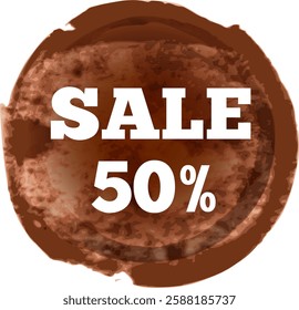 Brown coffee cup stain forming a circular design, highlighting a 50 percent off discount promotion for a limited time offer, capturing attention for retail marketing and advertising